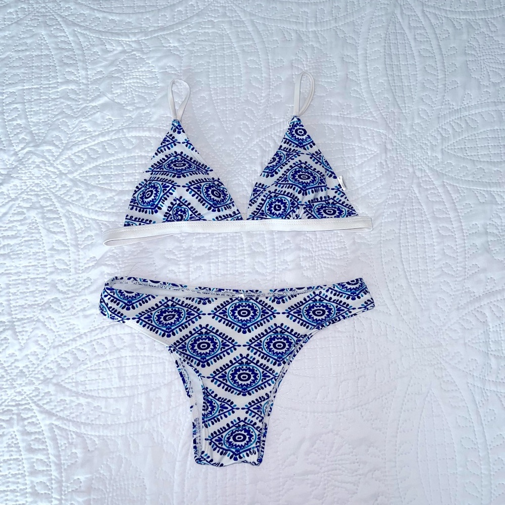 Blue and White Patterned Bikini Set